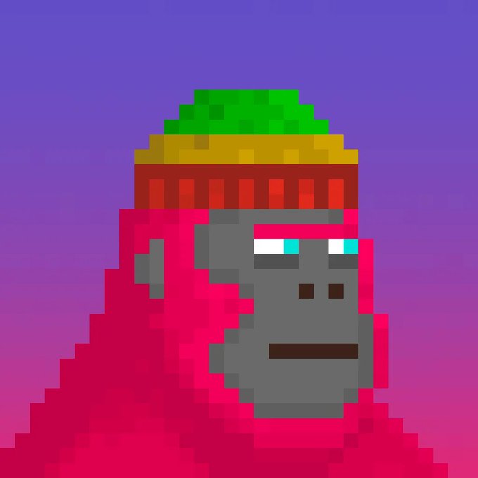 A pixel art image shows a gray-faced character with blue eyes wearing a colorful green, yellow, and red crown against a purple gradient background.
