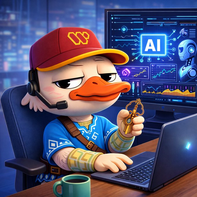 The image features a cartoon duck wearing a red baseball cap with a yellow "W" logo, sitting next to a laptop computer at an office desk. The desk also has two cups, one green and another blue. The overall scene suggests that the cartoon duck is working on a project or task related to data collection, analysis, or marketing research, using modern tools and techniques for gathering information in order to make informed decisions about various matters. This image seems to be inspired by the content from "Good morning CT! @wallchain" discussion which discusses the importance of embracing technology and data-driven approaches rather than relying solely on traditional methods in the advertising industry.
