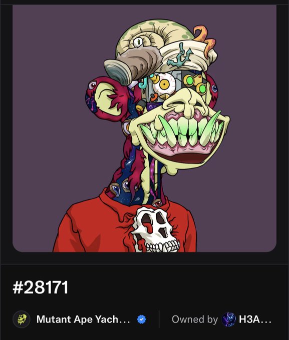 A grotesque mutant ape NFT (#28171) features a zombie-like figure with bulging multicolored eyes, a wide green-toothed grin, exposed brain, and wears a red shirt with a skull graphic. The post welcomes new BAYC member H3ATHEN (H3A...) and highlights the skull detail on the shirt's design.