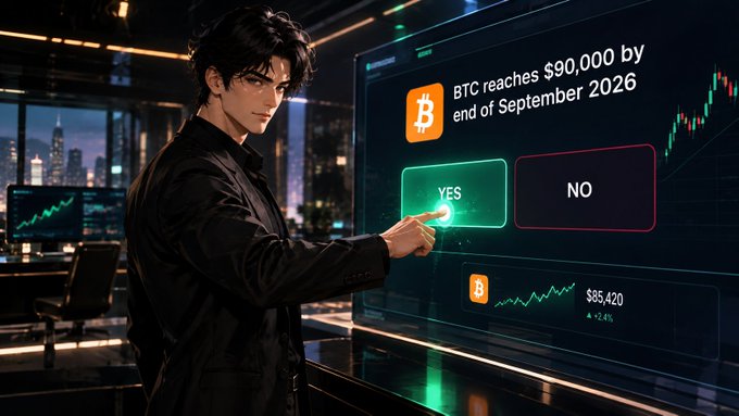 An anime-style illustration depicts a dark-haired man in a black shirt pressing the 'YES' button on a futuristic prediction market display showing 'BTC reaches $90,000 by end of September 2026' with a price of $85,420.