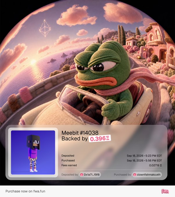 An NFT listing for Meebit #14038 showing a 3D-rendered frog character driving a convertible car along a coastal road, with text indicating it was 'Backed by 0.396Ξ' and was deposited and purchased on Sep 18, 2026.