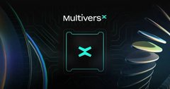 A dark promotional banner displays the 'MultiversX' logo, which appears to be a rebranding featuring a teal 'X' symbol within a square frame against a futuristic circuit-board background.