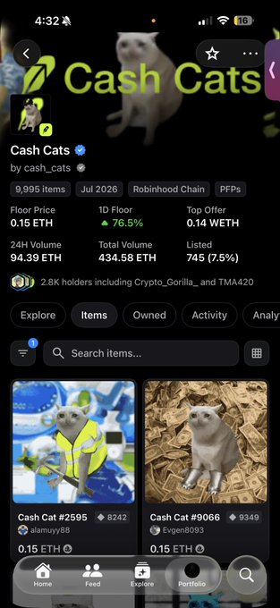 The image shows the OpenSea listing page for the "Cash Cats" NFT collection (9,995 items on the Robinhood Chain) with a floor price of 0.15 ETH and 24H volume of 94.39 ETH, featuring meme cat artwork like "Cash Cat #2595" and "Cash Cat #9066." The "wen wen wen" caption plays on crypto slang for "when," humorously questioning when holders will see gains or the collection moon, tying into the cat theme with its repetitive, playful tone.