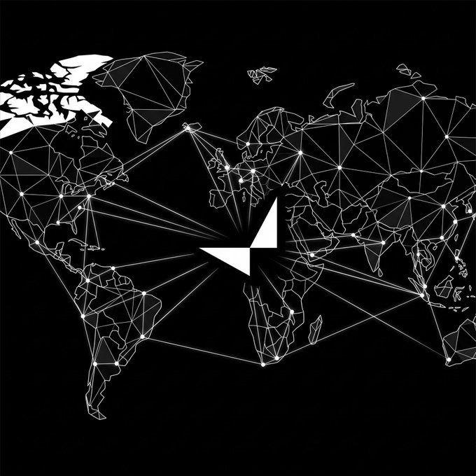 A stylized black and white world map made of interconnected geometric lines and nodes, with a Zcash logo centered on it.
