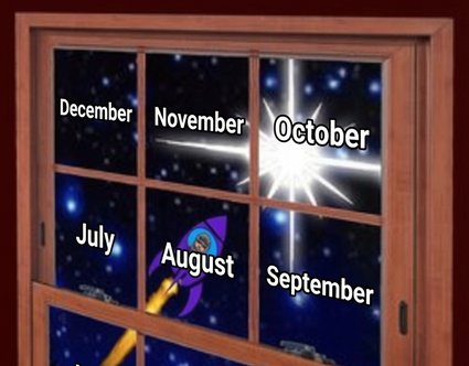 A windowpane view of the night sky shows a rocket ship blasting off from the August panel among labeled months including December, November, October, July, and September, suggesting a launch or prediction event scheduled during that timeframe. The celebratory post praising "@xrp_seer" implies the imagery represents their inspired foresight or imminent breakthrough predicted for August.