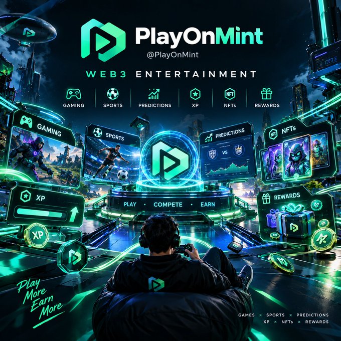 A promotional graphic for 'PlayOnMint' (@PlayOnMint) showcasing Web3 entertainment including Gaming, Sports, Predictions, XP, NFTs, and Rewards.