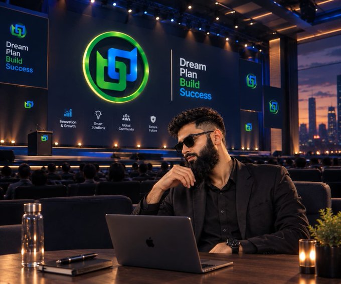 A bearded man wearing sunglasses sits at a table with a laptop in front of a stage displaying the logo and slogans 'Dream, Plan, Build, Success' along with icons for Innovation & Growth, Smart Solutions, Global Community, and Secure Future.