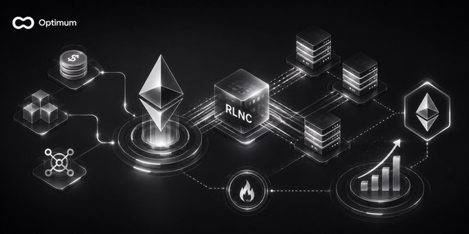 A dark-themed infographic titled 'Optimum' depicting an Ethereum RLNC (Random Linear Network Coding) workflow with isometric 3D icons connected by glowing lines, representing data storage, networking, and analytics.