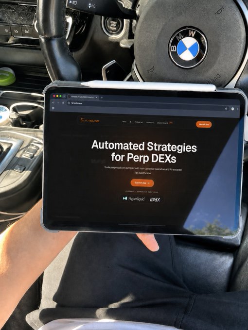 A person holding a tablet displaying the 'BoyaHQ' website page titled 'Automated Strategies for Perp DEX' (Hyperliquid & dYdX), with a BMW steering wheel visible in the background inside a car.