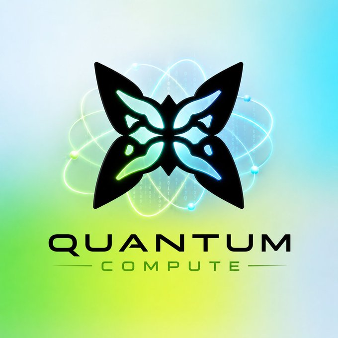 A logo design featuring a stylized black butterfly with glowing green and blue accents surrounded by atomic-like orbital rings, with the text 'QUANTUM COMPUTE' displayed prominently below.