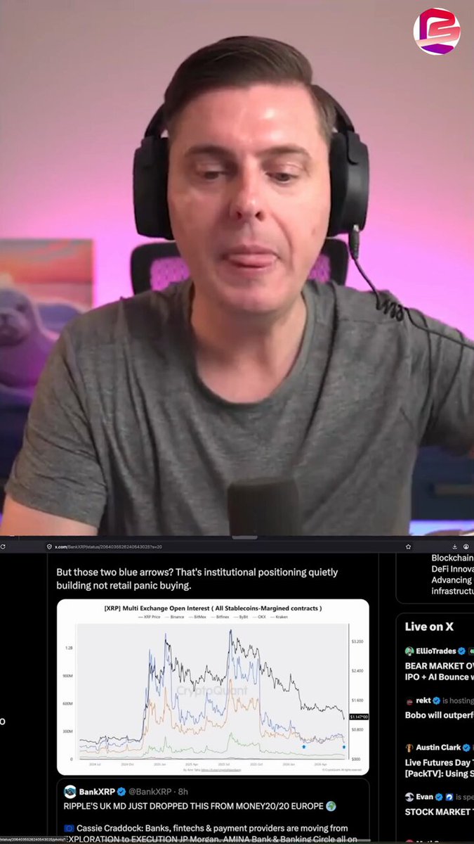 The image features a man wearing headphones, presumably in front of his computer screen. He appears to be participating in an online chat or discussion about cryptocurrency and retail panic selling. The caption reads "Retail is panic selling. Institutions are quietly accumulating. That'S the only difference that matters right now". This indicates that the conversation likely revolves around the current economic situation, with a focus on how it is affecting retail markets and institutions alike.