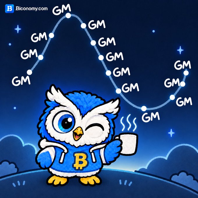A digital illustration of a blue owl mascot wearing a Bitcoin hoodie holding a steaming coffee mug, set against a dark blue night sky with stars and a wave of 'GM' (Good Morning) text.