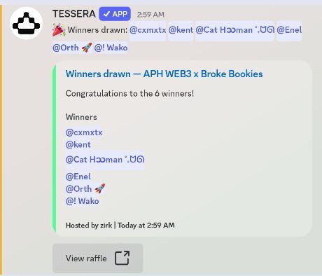 A screenshot of a Telegram message from TESSERA announces the winners of a raffle: @cxmxtx, @kent, @Cat Hコrse ᐟ.ᐟ, @Enel, @Orth, and @Wako, hosted by zirk.
