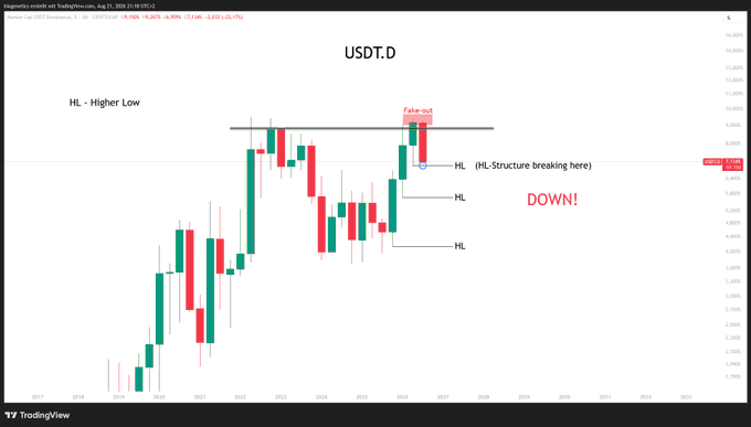 The image shows a TradingView chart of USDT.D (Tether Dominance) with annotations marking "HL - Higher Low" levels and a "fake-out move" at the top, culminating in a "DOWN!" forecast. The chart supports the post's prediction that USDT.D is breaking its higher low structure and heading downward, meaning Bitcoin and the rest of the market are likely about to pump.