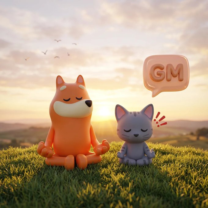 A 3D rendered illustration shows an orange Shiba Inu dog and a grey cat sitting on grass in a meditative pose at sunset, with a 'GM' speech bubble above the cat.
