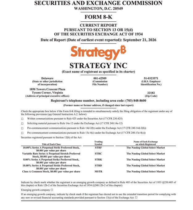 SEC Form 8-K Current Report filing for Strategy Inc (formerly MicroStrategy), listing various preferred stock classes including STRF, STRC, STRK, STRD, and MSTR traded on Nasdaq Global Select Market.