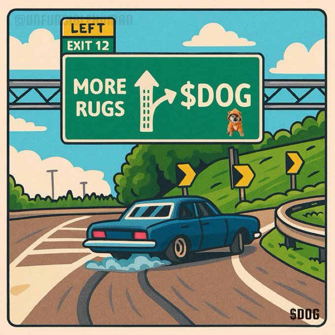 A cartoon illustration of a blue car driving on a highway with a green road sign showing 'MORE RUGS' straight ahead and '$DOG' to the right, with a small doge dog on the sign.
