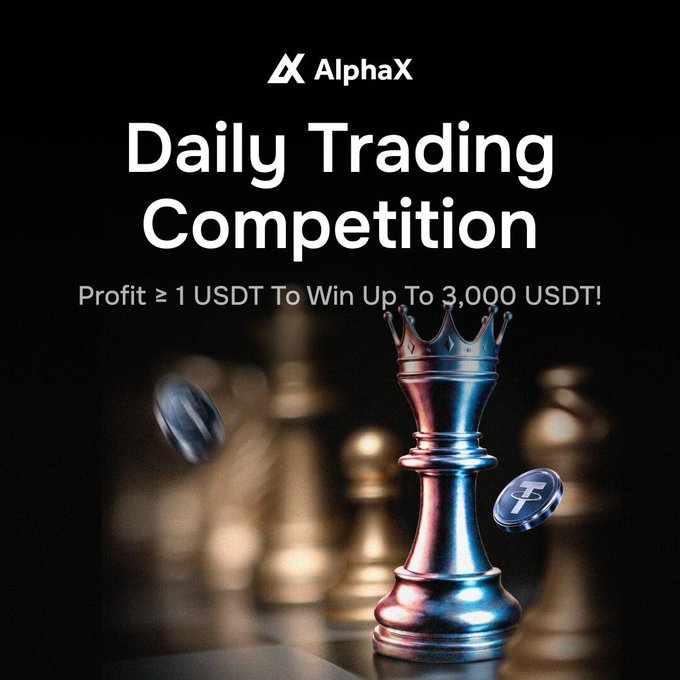 A promotional banner for AlphaX announcing a 'Daily Trading Competition' where profit ≥1 USDT can win up to 3,000 USDT, featuring a chrome chess king piece.