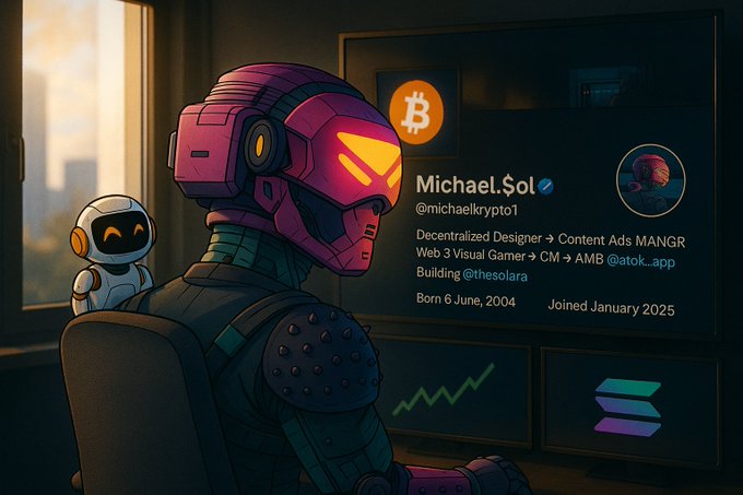 A futuristic armored character with a glowing pink and yellow helmet sits before monitors, with a social media profile displayed showing the name 'Michael.Sol' (@michaelkrypto1), a Bitcoin logo, and the text 'Decentralized Designer → Content Ads MANGR Web 3 Visual Gamer → CM → AMB @tok...app Building @thesolara'.