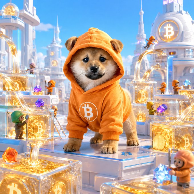 A digital illustration features a Shiba Inu dog wearing an orange Bitcoin hoodie, sitting in a futuristic white city surrounded by glowing Bitcoin coins and small hooded figures collecting gems.