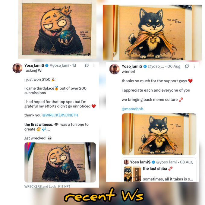 A collage of social media posts from "Yoso.lami$" celebrating recent wins, featuring artwork of a crowned character and a "shiba" dog, with text announcing third place and thank you messages.