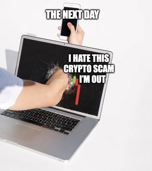 A meme showing a fist punching through a laptop screen with text reading "THE NEXT DAY" and "I HATE THIS CRYPTO SCAM I'M OUT", with a hand holding a smartphone above.