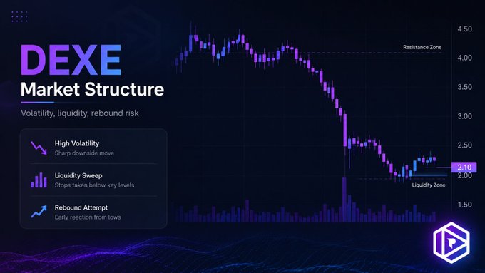 A cryptocurrency market analysis graphic titled 'DEXE Market Structure' showing a price chart with notes on 'High Volatility,' 'Liquidity Sweep,' and 'Rebound Attempt', currently priced at 2.10.