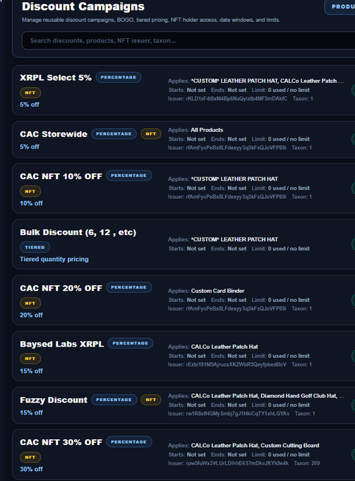 A dark-themed dashboard titled 'Discount Campaigns' lists various percentage-based NFT and tiered discounts (e.g., 'XRPL Select 5%', 'CAC NFT 30% OFF') applied to products like 'CUSTOM' Leather Patch Hat' with corresponding issuer addresses.