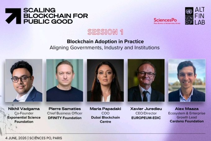 The image features a poster for a session titled "Blockchain Adoption in Practice" at the scaling blockchain for public good conference. The poster includes five photos of people, with four men and one woman, who are featured as speakers or panelists on the event. They are all wearing suits and ties, indicating that they are professionals from various fields. The text on the poster highlights the session's theme and the names of the speakers, providing information about what to expect at the conference.