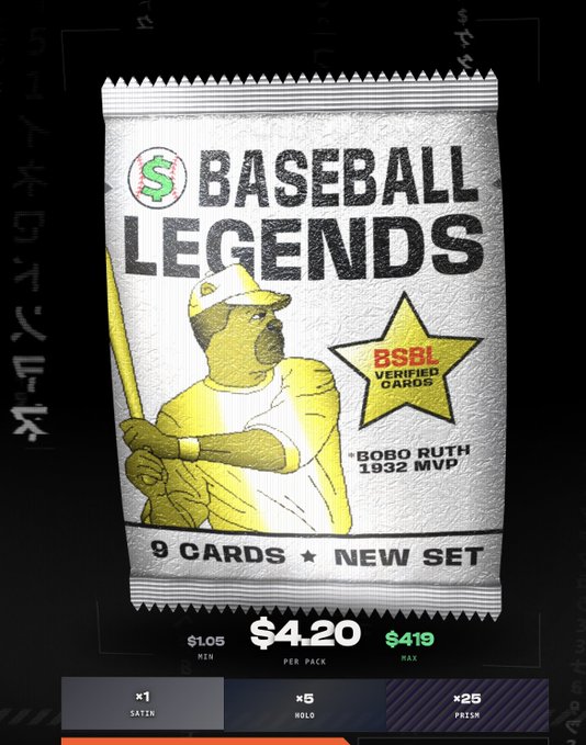 A digital storefront screen displays a pack of "Baseball Legends" trading cards with a caricature of "Bobo Ruth 1932 MVP," priced at $4.20 per pack with a $1.05 minimum and $419 maximum, featuring 9 cards per pack.