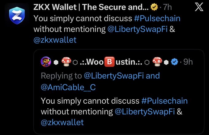 A dark-mode X post from ZKX Wallet stating, “You simply cannot discuss #Pulsechain without mentioning @LibertySwapFi & @zkxwallet,” with a similar reply from “Woo Bustin…”