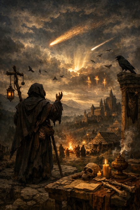 An ominous scene unfolds with a hooded figure, meteors streaking across the sky, and a village below preparing for an event, hinting at foreshadowed news. The image captures a moment of anticipation for something significant, matching the "New news is coming..." post.