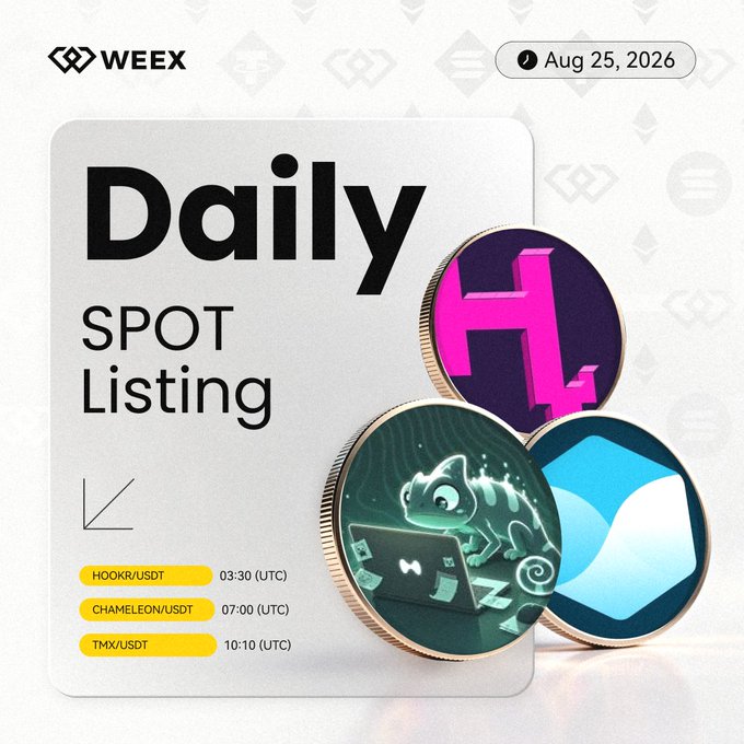WEEX exchange daily spot listing announcement dated Aug 25, 2026, featuring three cryptocurrency tokens (HOOKR/USDT at 03:30 UTC, CHAMELEON/USDT at 07:00 UTC, TMX/USDT at 10:10 UTC) with their coin designs.