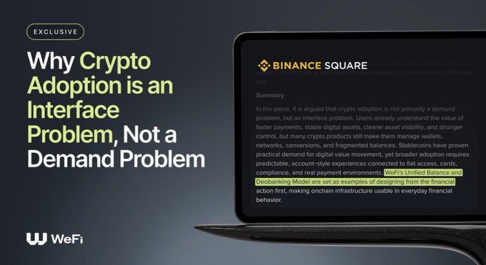 A promotional graphic titled 'Why Crypto Adoption is an Interface Problem, Not a Demand Problem' with the WeFi logo, alongside a laptop screen showing a Binance Square article with a highlighted passage about DeBanking Models.