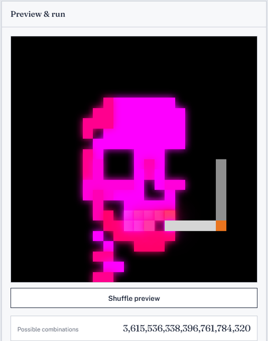 A pixel art preview showing a pink and magenta skull holding a cigarette, with a Shuffle preview button below and a note of 3,615,556,538,396,761,784,320 possible combinations.