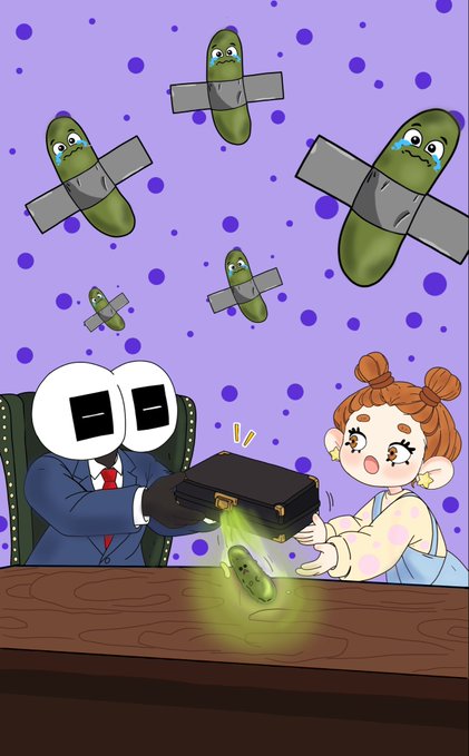 A cartoon illustration depicts two characters at a table with a briefcase; sad pickles with satellite-like structures fly above them while a glowing green pickle lies below.