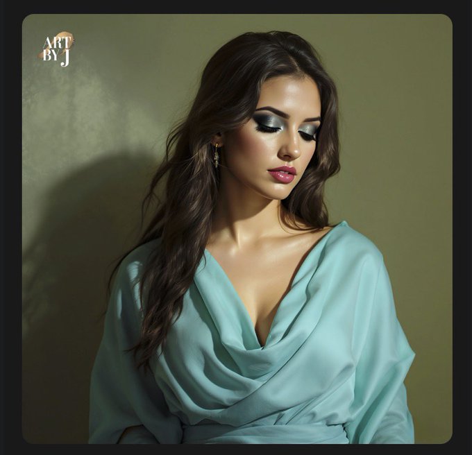 A portrait of a woman with dark wavy hair wearing a turquoise draped blouse, with her eyes closed against an olive-green background, watermarked 'ART BY J'.