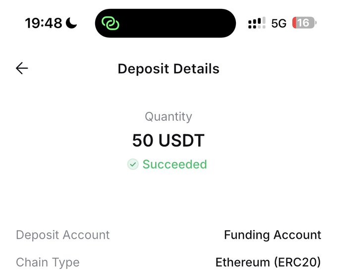 Screenshot of a "Deposit Details" screen showing a successful deposit of 50 USDT via the Ethereum (ERC20) chain. It serves as proof of the trading/wallet activity described in the post about using the $10 bonus and referring others.