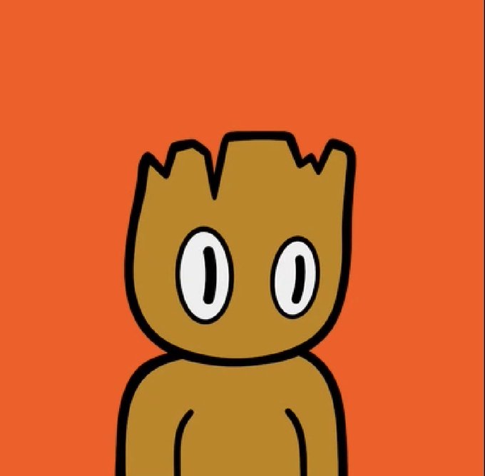 A simple cartoon character with a brown blocky head and large oval eyes on a solid orange background.