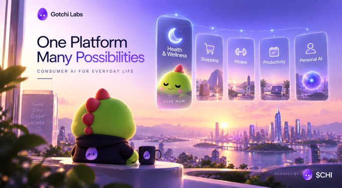 Promotional graphic for 'Gotchi Labs' titled 'One Platform Many Possibilities', featuring a green bird-like mascot and icons for Health & Wellness, Shopping, Fitness, Productivity, and Personal AI, powered by $CHI.