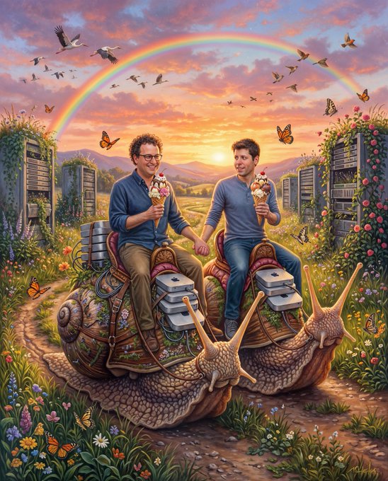 A whimsical, fantastical illustration depicts two men riding giant snails adorned with servers while holding ice cream cones, set against a vibrant sunset with a rainbow, butterflies, and flying birds.