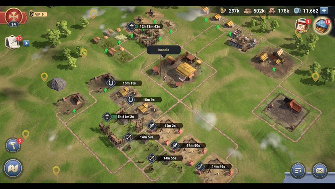 A screenshot from a mobile strategy game showing a player's base with various buildings, resource counters (297k, 502k, 178k, 11,662), player level 14, VIP level 9, and a player named 'isabelle' at coordinates 135, 13m, 43s.