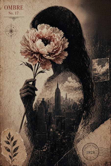 A vintage-style surreal collage featuring a silhouette of a woman holding a peony flower that obscures her face, with a cityscape visible within her body, labeled 'OMBRE No. 17' and 'COLLECTION 1928'.