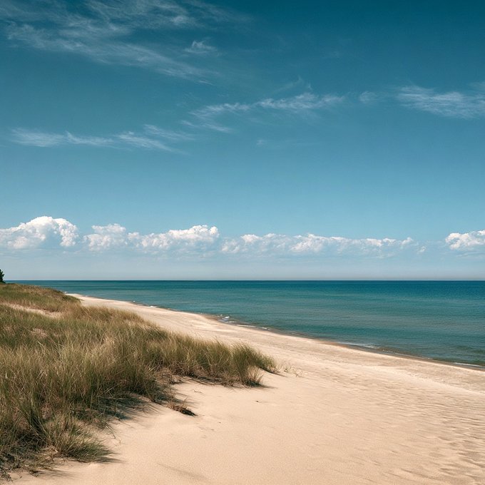 A serene beach scene with sandy shore, dune grass, calm blue ocean, and a partly cloudy sky.