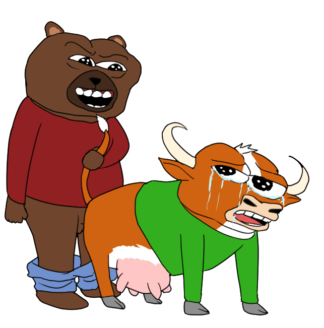 The image features a cartoon bear wearing a red shirt, standing next to an angry bull with horns. Both animals are depicted as having tears streaming down their faces. The caption "SHORT EVERY PUMP" is written below the image.