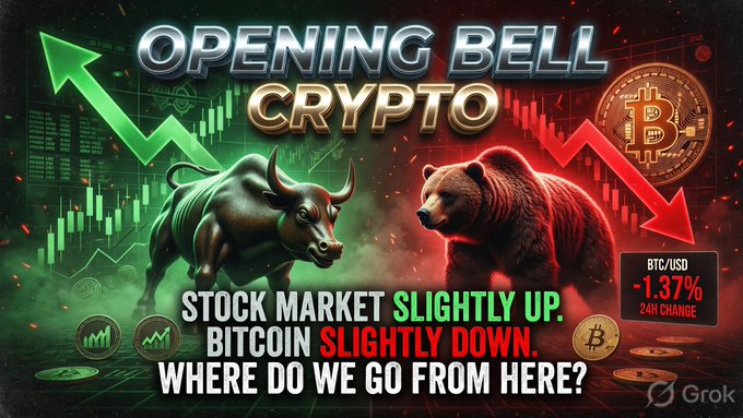 A graphic titled 'OPENING BELL CRYPTO' featuring a green bull and a red bear, with text stating 'STOCK MARKET SLIGHTLY UP. BITCOIN SLIGHTLY DOWN. WHERE DO WE GO FROM HERE?' alongside a 'BTC/USD -1.37% 24H CHANGE' tag and a 'Grok' watermark.