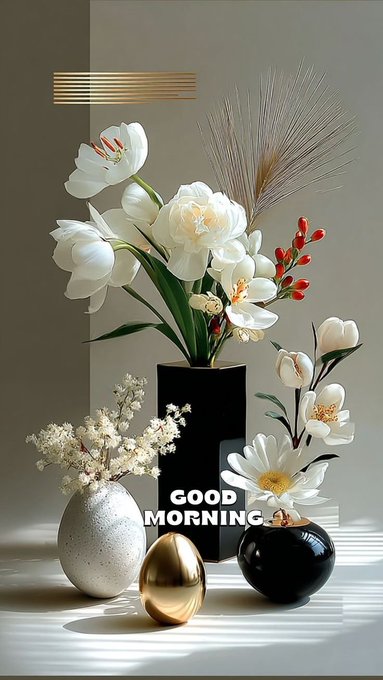 An elegant floral arrangement with white flowers in modern vases, featuring the text 'GOOD MORNING' at the bottom.