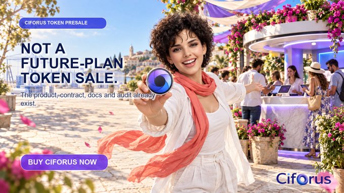 Ciforus token presale advertisement featuring a smiling woman holding a blue orb, with text 'NOT A FUTURE-PLAN TOKEN SALE. The product, contract, docs and audit already exist.' and a 'BUY CIFORUS NOW' button.