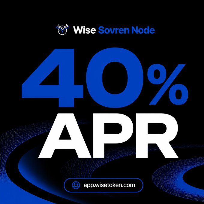 A promotional graphic for "Wise Sovren Node" by Wise Token highlights an eye-catching **40% APR** yield on a dark blue background, with the URL app.wisetoken.com featured at the bottom—aligning with the post's pitch of a standout stable yield opportunity for crypto yield earners.