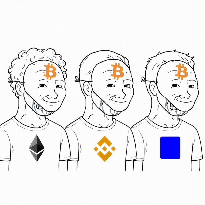 Three identical line-drawn men with Bitcoin 'B' logos on their foreheads, each wearing a t-shirt featuring Ethereum, Binance, and FTX logos respectively.